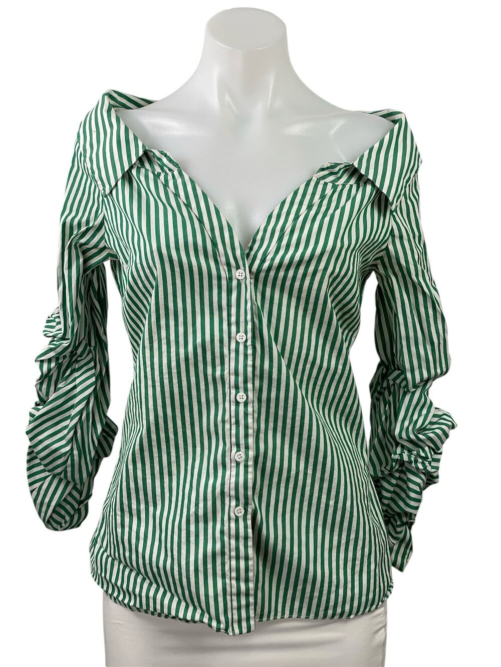 Zara Women's Green Striped Off The Shoulder Ruched Button Down Shirt Top Size S